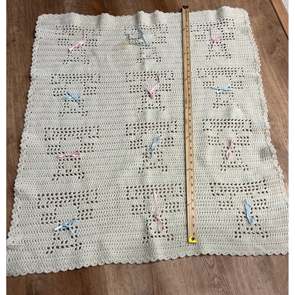 Handmade Crochet Baby Blanket Cream Bows Stroller Crib Nursery Blanket